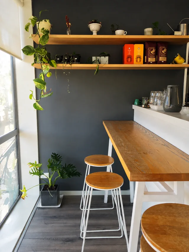A quiet coffee corner with plants, wooden stools and shelves